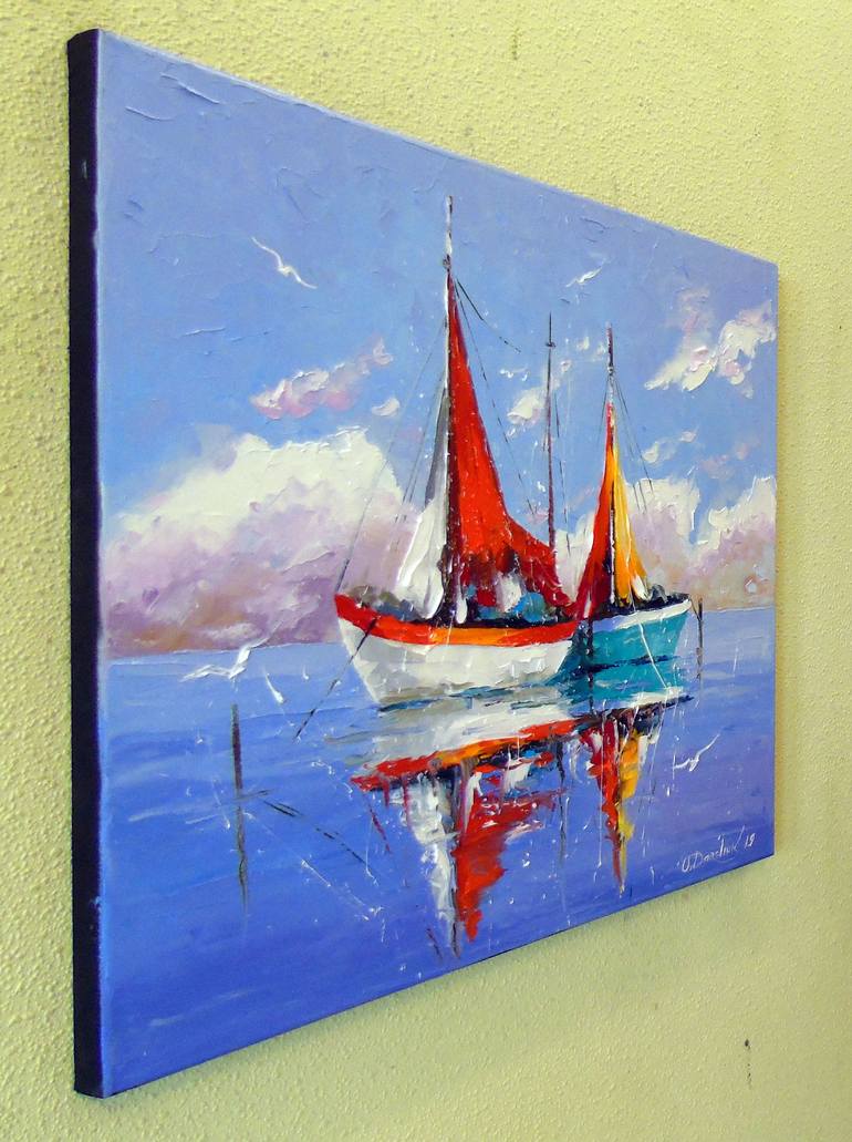 Sailboats Anchored Painting By Olha Darchuk | Saatchi Art