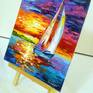 Sailboat at dawn oil on cardboard canvas, unframed 100 % handmade palette knife and high- quality oil, for interior or as a gift. It will decorate your interior and will bring joy to you and your family for a long time.