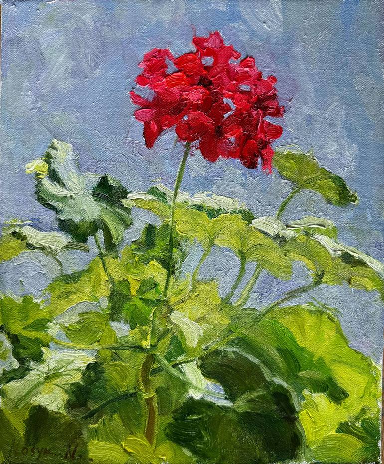 Original Floral Painting by Nataliia Nosyk | Impressionism Art on Canvas | The Red Flower and Morning Light