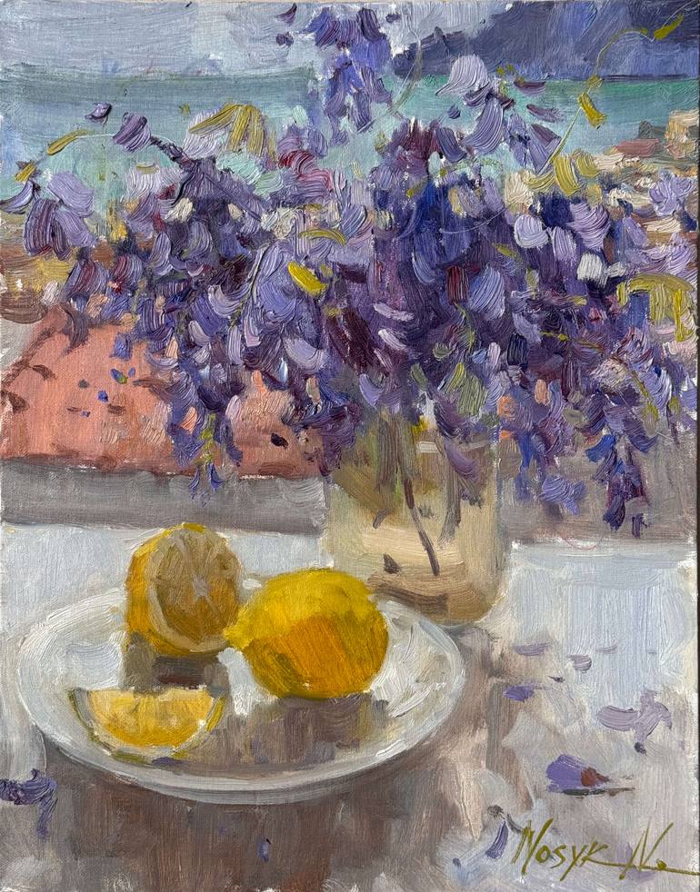 Original Floral Painting by Nataliia Nosyk | Impressionism Art on Hardboard | Lemons and Purple Light