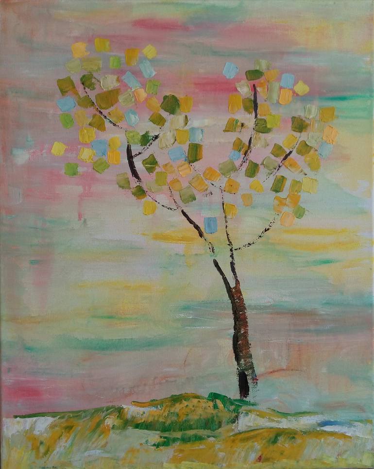 A tree with pink sky Painting by Xin Xia | Saatchi Art