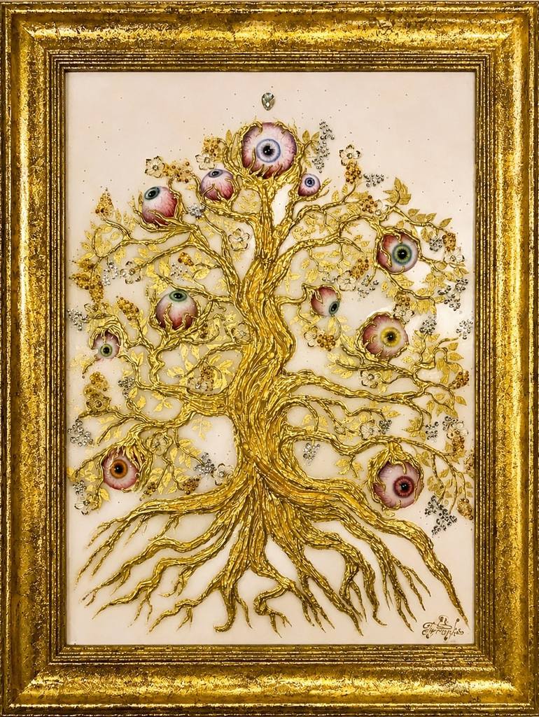 Original Other Mixed Media by Anastasia Frank | Symbolism Art on Canvas | The Golden Tree of Happiness