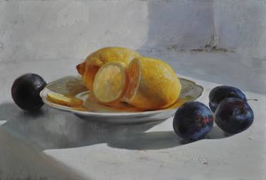 Still life with lemons and plums thumb