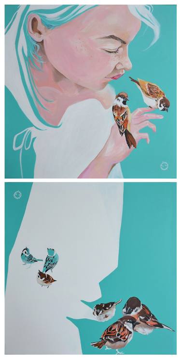 Girl with sparrows -diptych thumb
