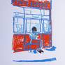 The silkscreens in this set are made from oil pastels on paper that I've made in London, inspired by what I saw around me. This one in particular is a person sitting outside the Spence Bakery in Stoke Newington