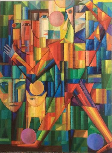 Original Cubism Fantasy Paintings by Zaza Tuschmalischvili