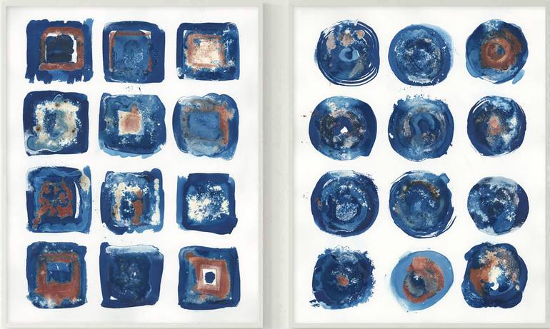 Original Abstract Painting by Gabriel Prundeanu | Abstract Art on Paper | Geometric blue painting set of 2 blue wall abstract art cyanotype