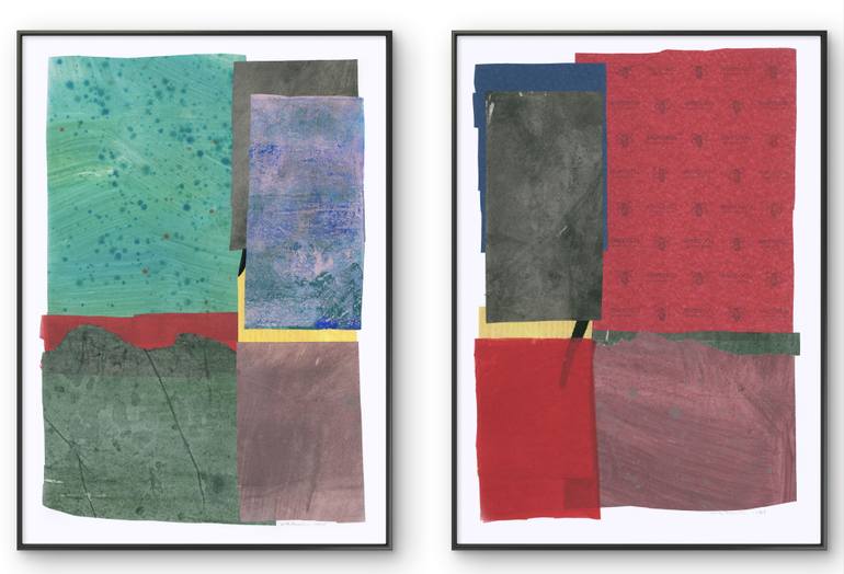 Original Abstract Collage by Gabriel Prundeanu | Abstract Art on Acrylic | Color field painting Modern Abstract artwork set 2 red wall art