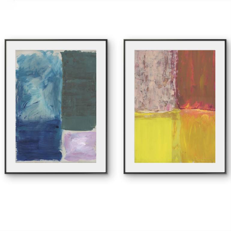Original Abstract Painting by Gabriel Prundeanu | Abstract Art on Paper | Large painting set blue yellow painting Modern Abstract art set 2