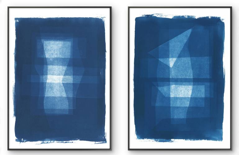 Original Geometric Photography by Gabriel Prundeanu | Abstract Art on Paper | Contemporary art blue abstract painting set of 2 blue geometric