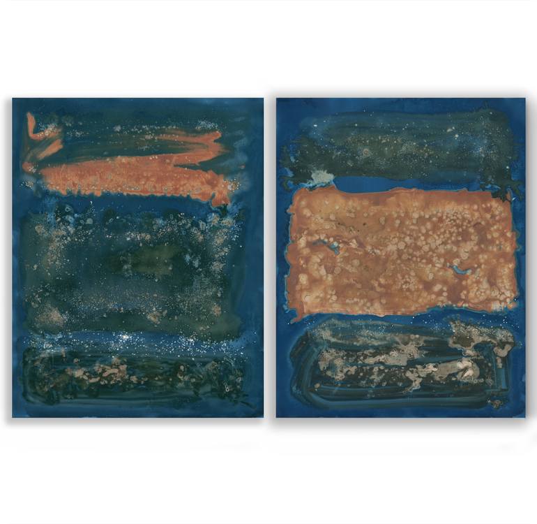 Original Abstract Painting by Gabriel Prundeanu | Abstract Art on Paper | Hommage A Rothko blue Abstract painting set of 2 large original