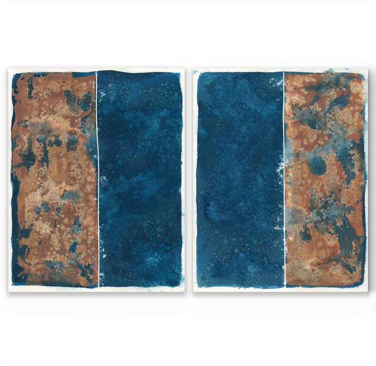 Original Abstract Painting by Gabriel Prundeanu | Abstract Art on Paper | Hommage A Rothko 2 blue Abstract painting set of 2 large original