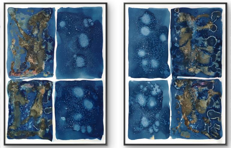Original Abstract Mixed Media by Gabriel Prundeanu | Abstract Art on Paper | Abstract Contemporary art blue painting set of 2 large original