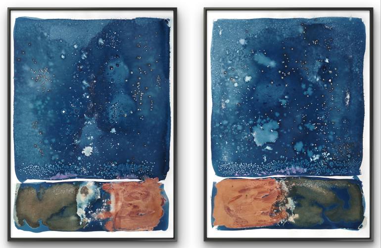 Original Abstract Mixed Media by Gabriel Prundeanu | Abstract Art on Paper | Abstract Contemporary art blue painting set of 2 large original