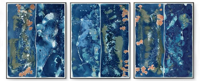 Original Abstract Painting by Gabriel Prundeanu | Abstract Art on Paper | Abstract Contemporary art blue painting set of 3 large original