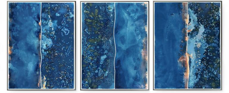 Original Abstract Painting by Gabriel Prundeanu | Abstract Art on Paper | Abstract Contemporary art blue painting set of 3 large original