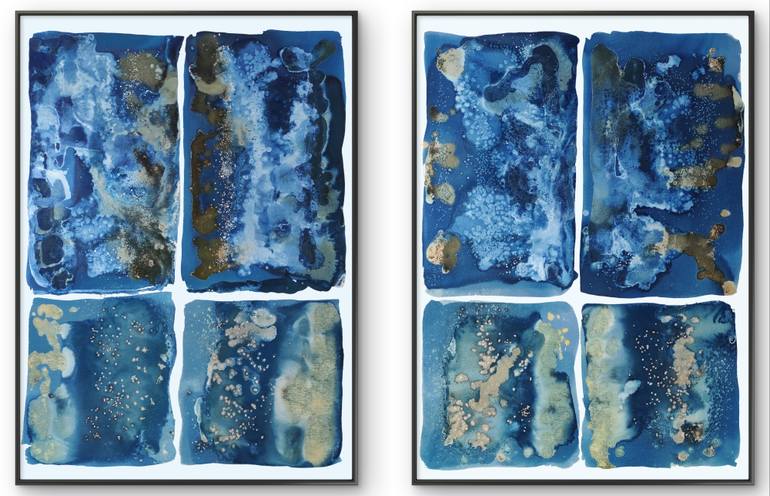 Original Abstract Mixed Media by Gabriel Prundeanu | Abstract Art on Paper | Abstract Contemporary art blue painting set of 2 large original