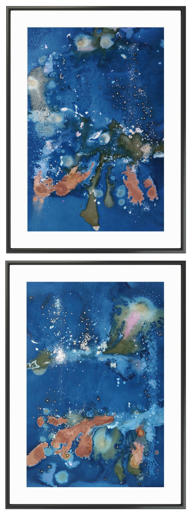 Original Abstract Painting by Gabriel Prundeanu | Abstract Art on Paper | Expressionist blue painting set 2 blue abstract art cyanotype