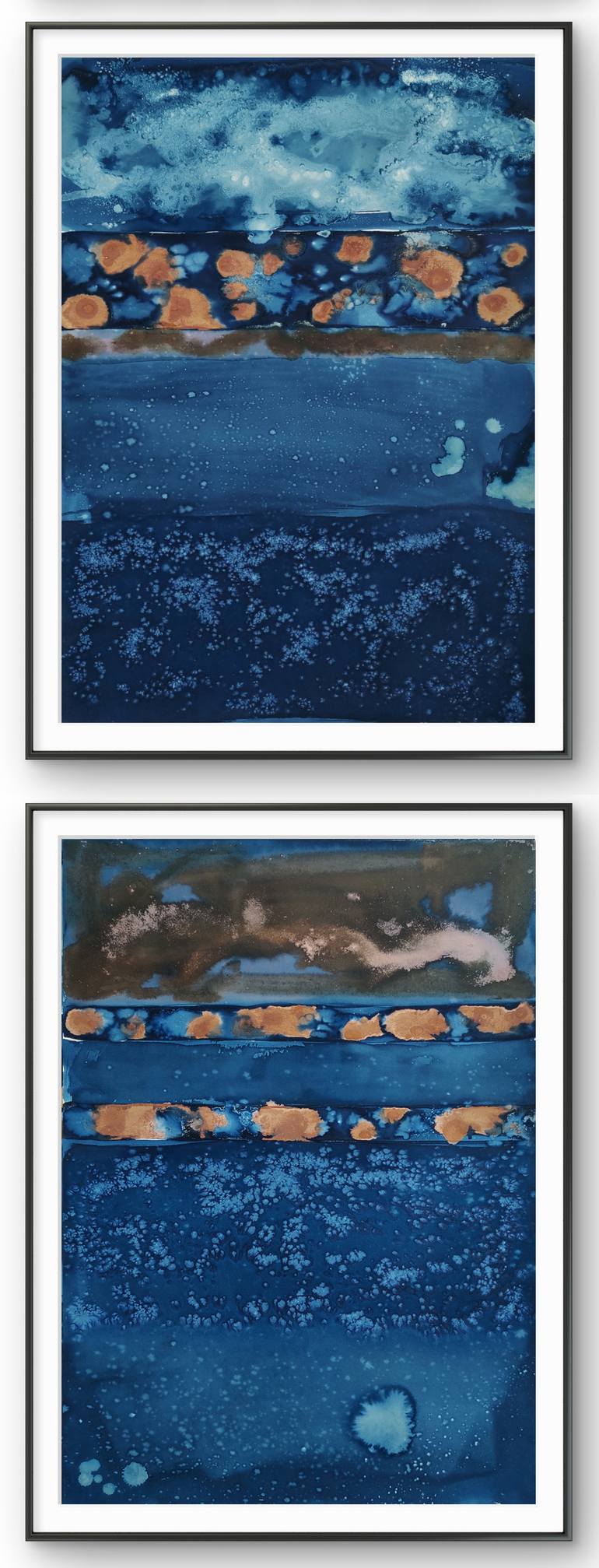 Original Abstract Painting by Gabriel Prundeanu | Abstract Art on Paper | Abstract Contemporary art blue painting set of 2 large original