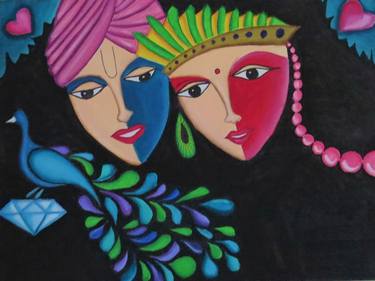 A mesmerizing painting of indian folk style couple beside a colorful peacock thumb