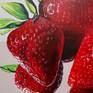 Modern still life realistic painting of fresh strawberries and their reflections on canvas