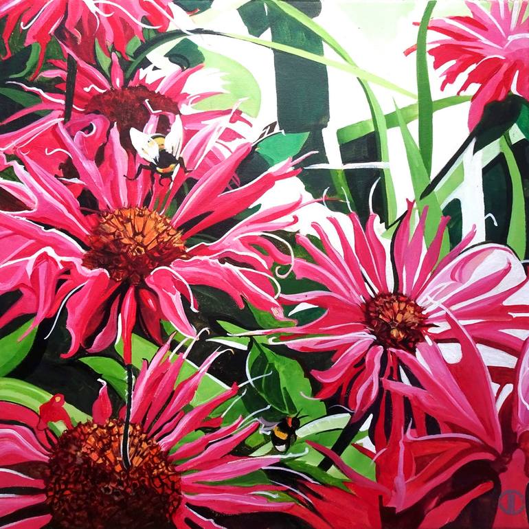Original Floral Painting by Joseph Lynch | Realism Art on Canvas | Montarda Red And Bumble Bees