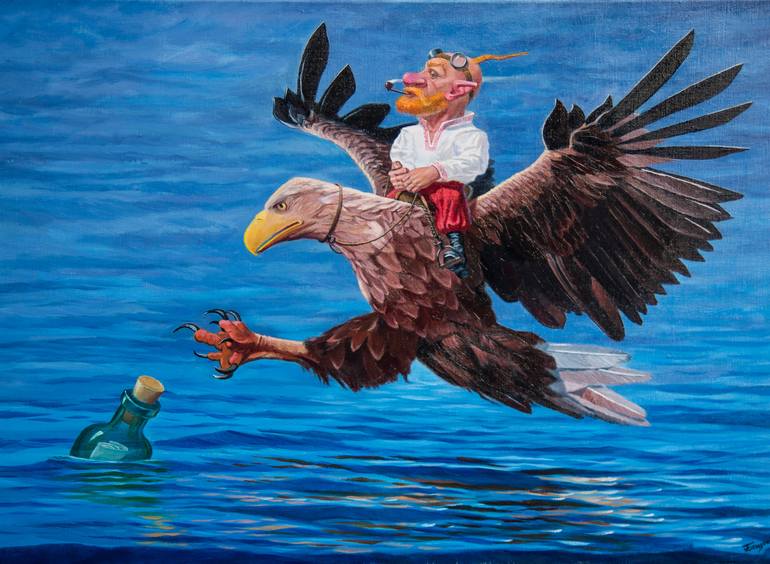 Gnome Kozak fantasy sea landscape airplane - Print