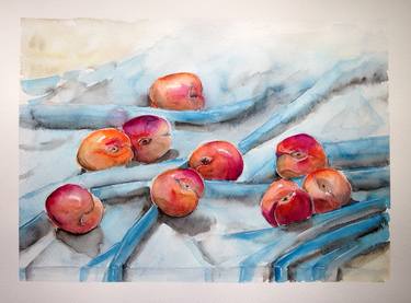 Watercolor still life with apricots on a blue towel thumb