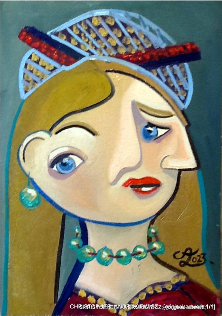 Original People Painting by Christopher Andrukiewicz | Expressionism Art on Canvas | a lady with a fancy hat and two way view.