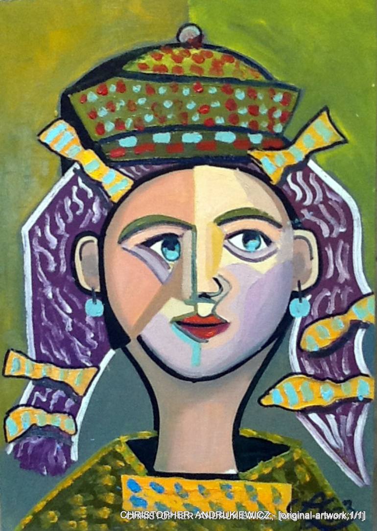 Original People Painting by Christopher Andrukiewicz | Abstract Expressionism Art on Canvas | lady with dotty hat and orange ribbons.