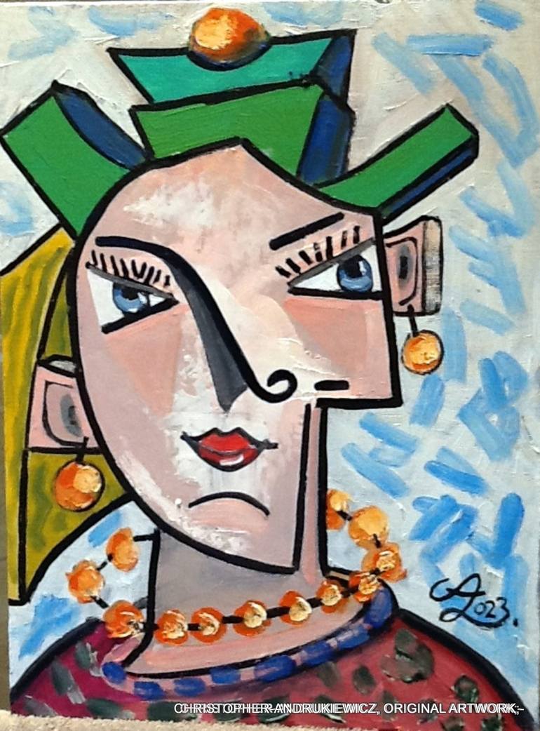 Original People Painting by Christopher Andrukiewicz | Abstract Expressionism Art on Canvas | lady with green hat and orange bob.