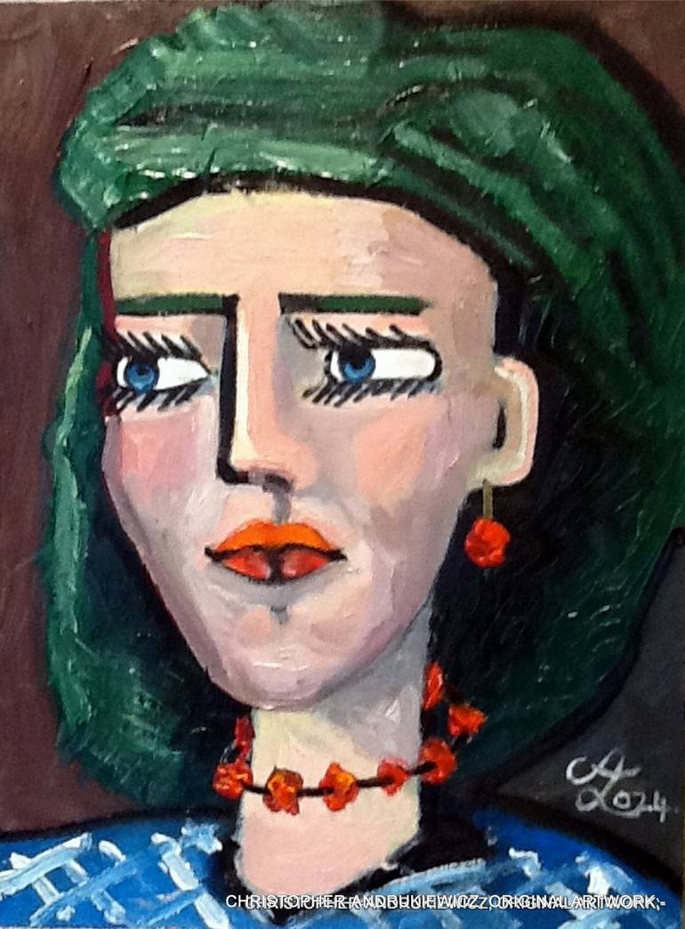 Original Fantasy Painting by Christopher Andrukiewicz | Portraiture Art on Canvas | lady with red earings and neck beads and long eyelashes.
