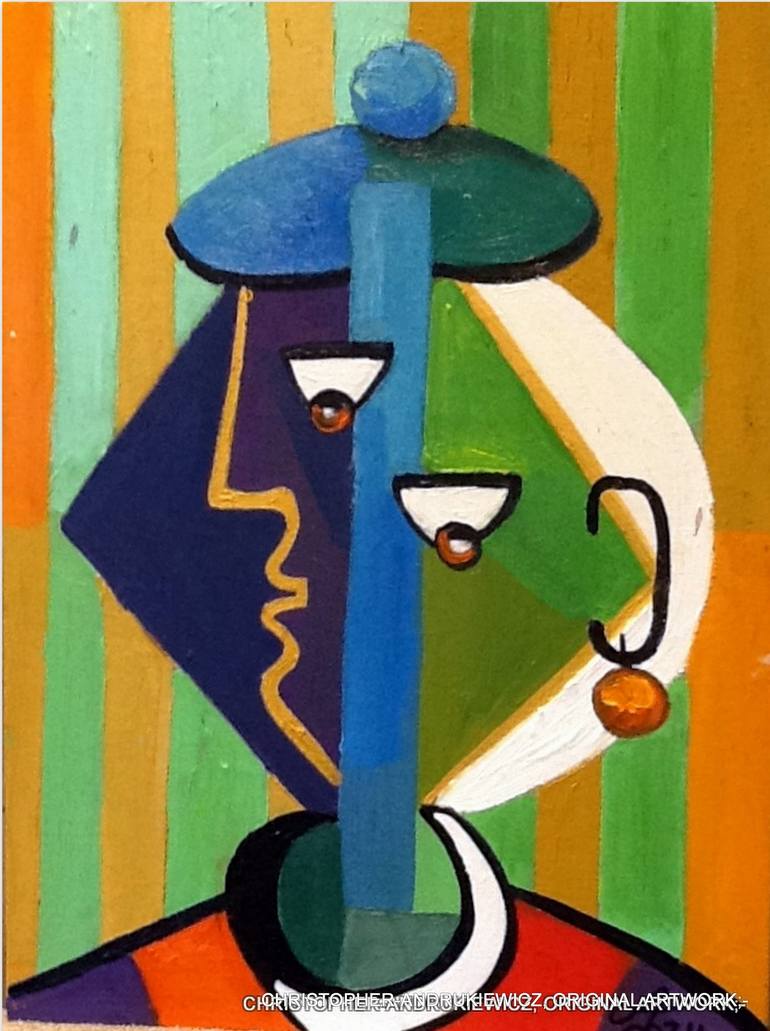 Original Fantasy Painting by Christopher Andrukiewicz | Portraiture Art on Canvas | profile lady with flat hat.[picasso-mod-copy-type]
