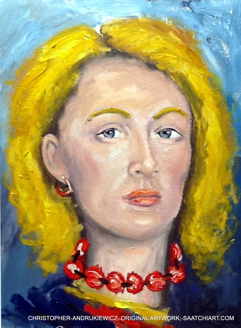Original Fantasy Painting by Christopher Andrukiewicz | Portraiture Art on Canvas | lady with yellow hair and redbeads.