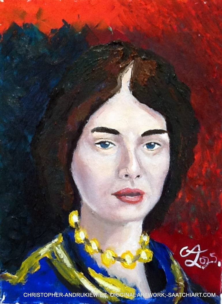 Original Fantasy Painting by Christopher Andrukiewicz | Portraiture Art on Canvas | person with dark brown hair and yellow neck beads.
