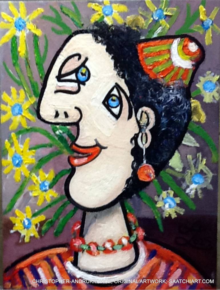 Original Fantasy Painting by Christopher Andrukiewicz | Surrealism Art on Canvas | lady in front of flowers, with a funny hat.