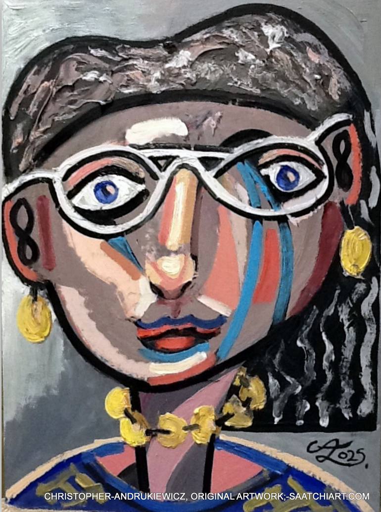 Original Fantasy Painting by Christopher Andrukiewicz | Surrealism Art on Canvas | with yellow beads and neck beads also glasses