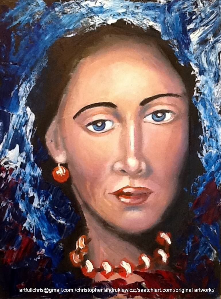 Original Fantasy Painting by Christopher Andrukiewicz | Surrealism Art on Canvas | face with slanted eyes and neck beads.