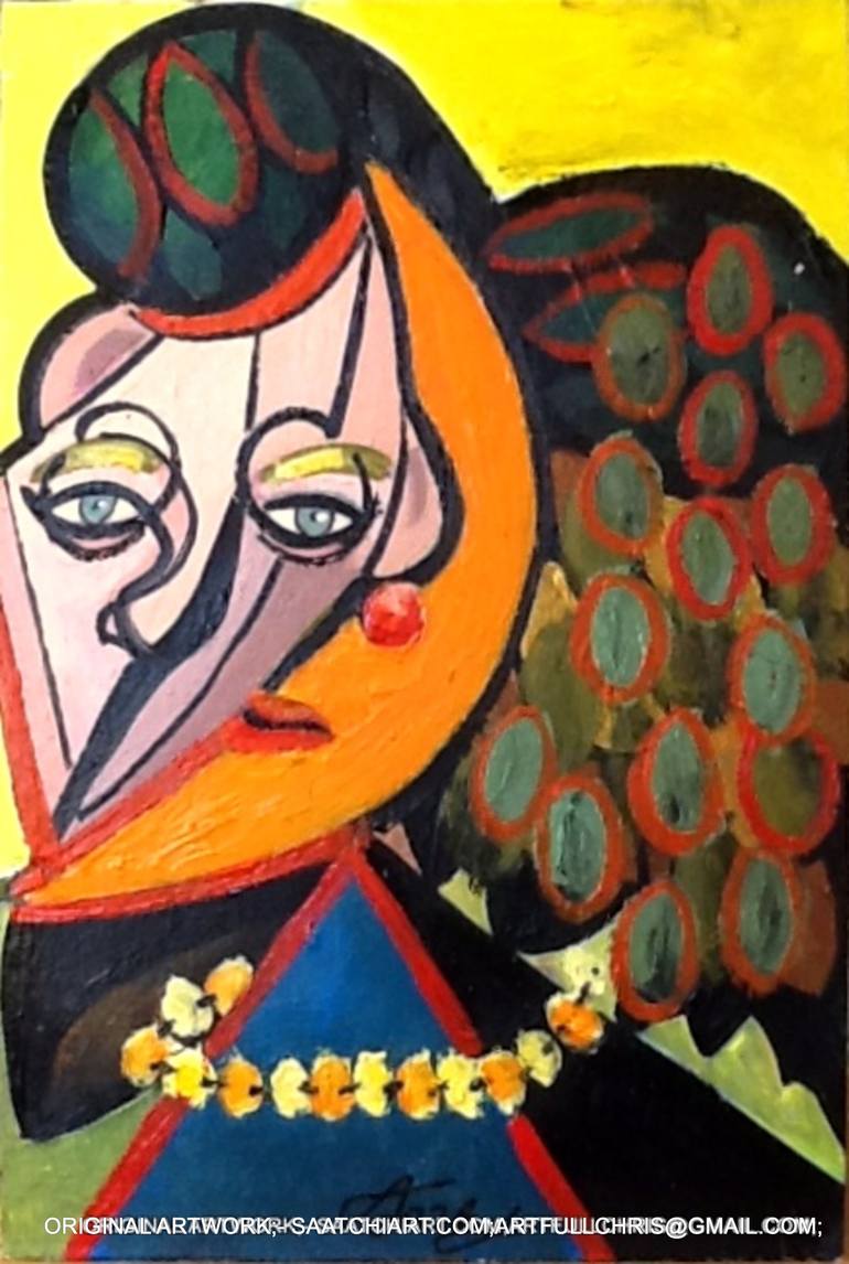 Original Fantasy Painting by Christopher Andrukiewicz | Surrealism Art on Canvas | split face with neck beads