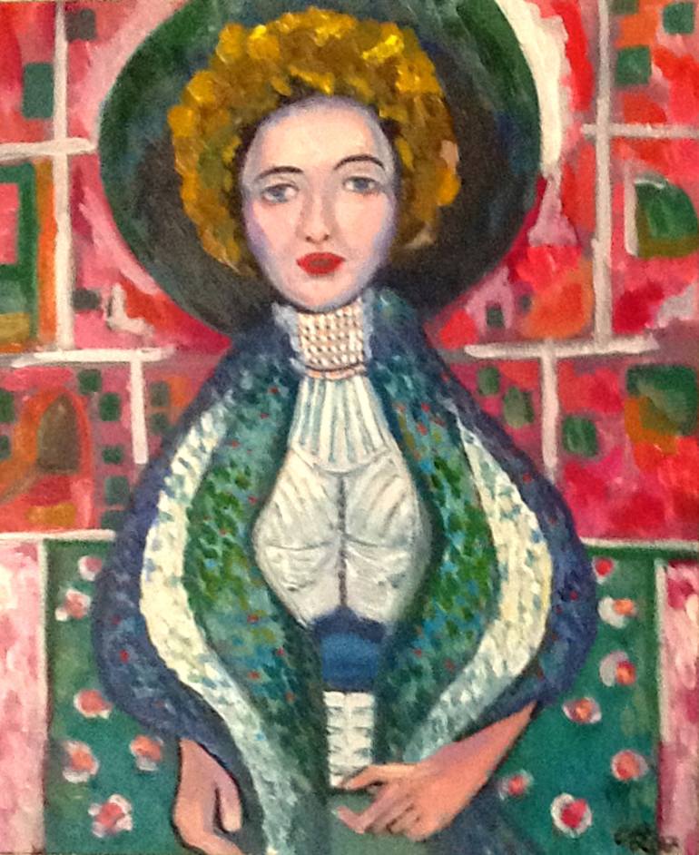 lady pose with green-blue dress. Painting by Christopher Andrukiewicz |  Saatchi Art Italy