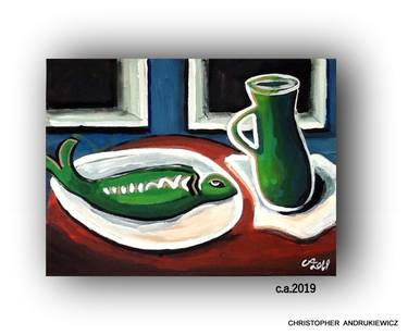 GREEN FISH ON PLATE -WITH VASE; thumb