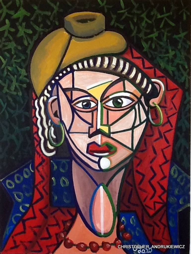 Original People Painting by Christopher Andrukiewicz | Portraiture Art on Canvas | lady with pattern-head-scarf and yellow hat.
