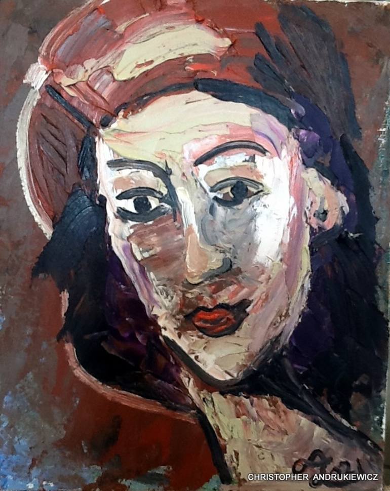 Original People Painting by Christopher Andrukiewicz | Portraiture Art on Canvas | lady with brown hat.