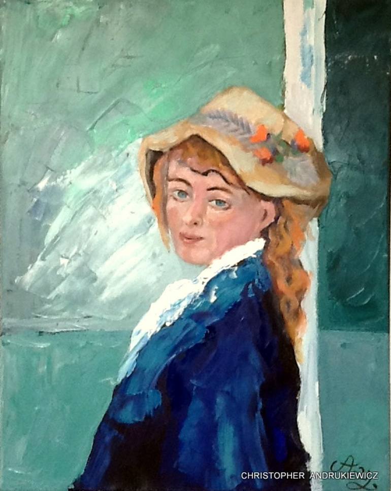 Original People Painting by Christopher Andrukiewicz | Portraiture Art on Canvas | lady pose with hat.- mod-copy-type.