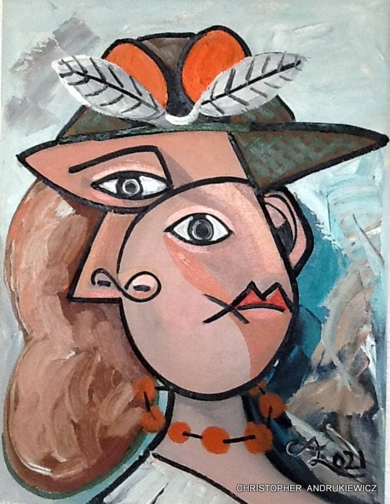 Lady Wearing A Two Feather Hat Picasso Mod Copy Type Painting By   7439704 HSC00002 7 