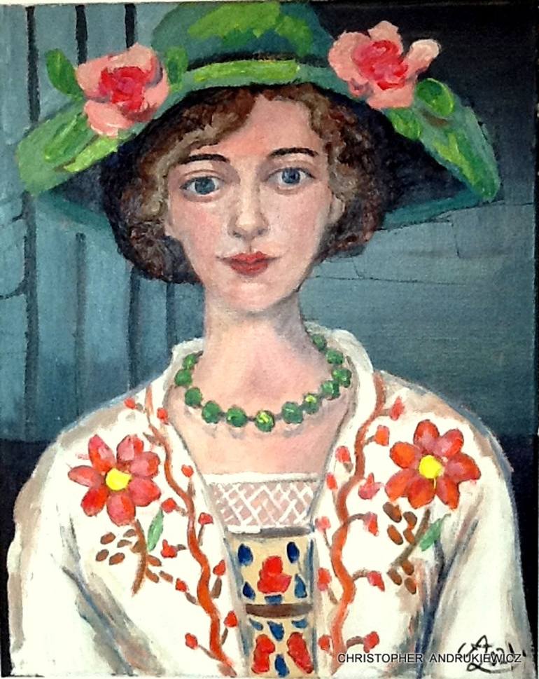 Original People Painting by Christopher Andrukiewicz | Portraiture Art on Canvas | lady with green hat and pattern blouse.