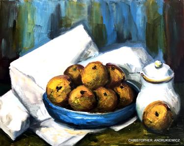 pale yellow oranges with blue dish. thumb