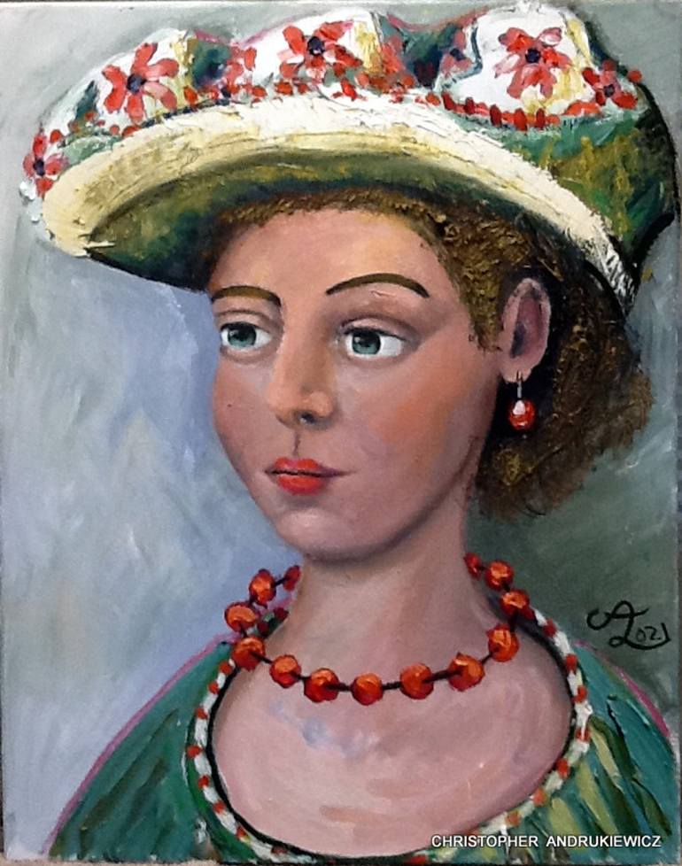 Original People Painting by Christopher Andrukiewicz | Portraiture Art on Canvas | lady-pose-with-red-beads-and large -hat;