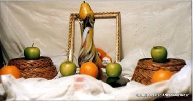still life with fruit and baskets in a different pose with vase. thumb