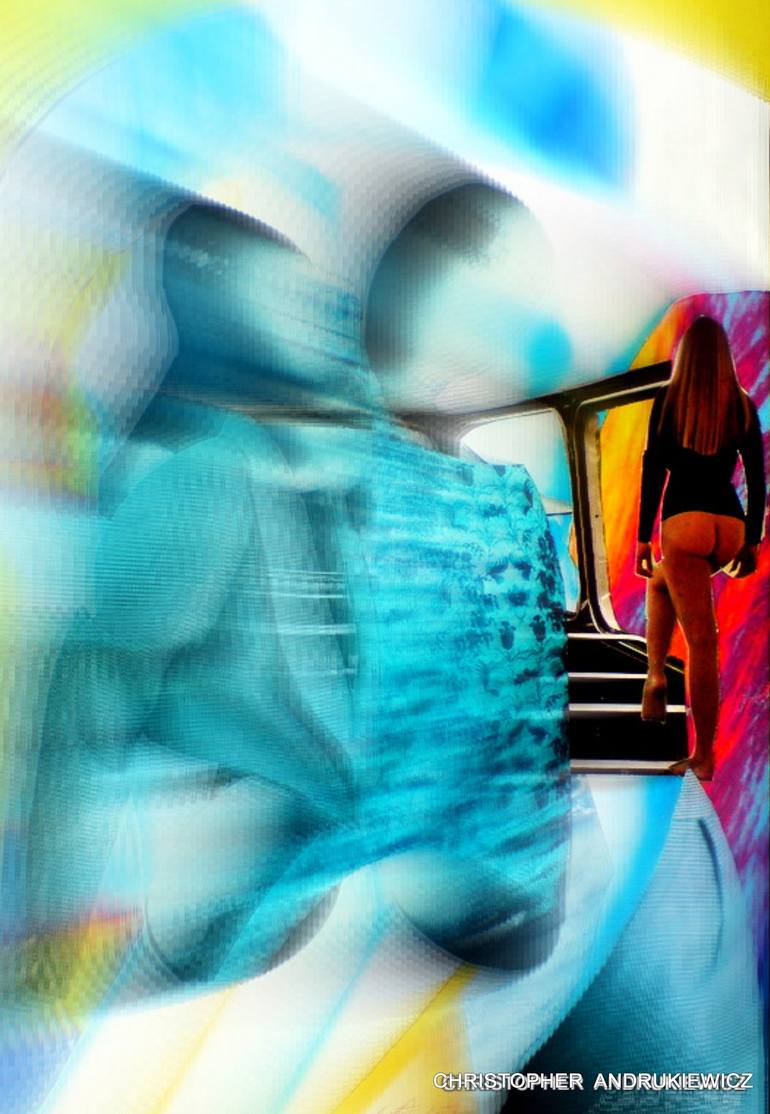 lady climbing over bus seats and a busty pattern. Collage by christopher  andrukiewicz | Saatchi Art